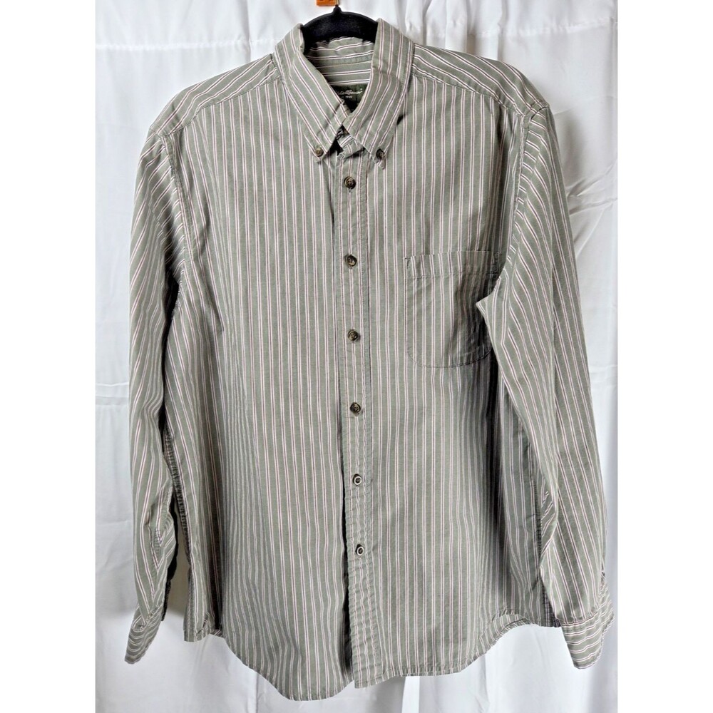 Eddie Bauer Men’s Large Green Striped Button Down Cotton Shirt L/S Casual - Picture 2 of 7